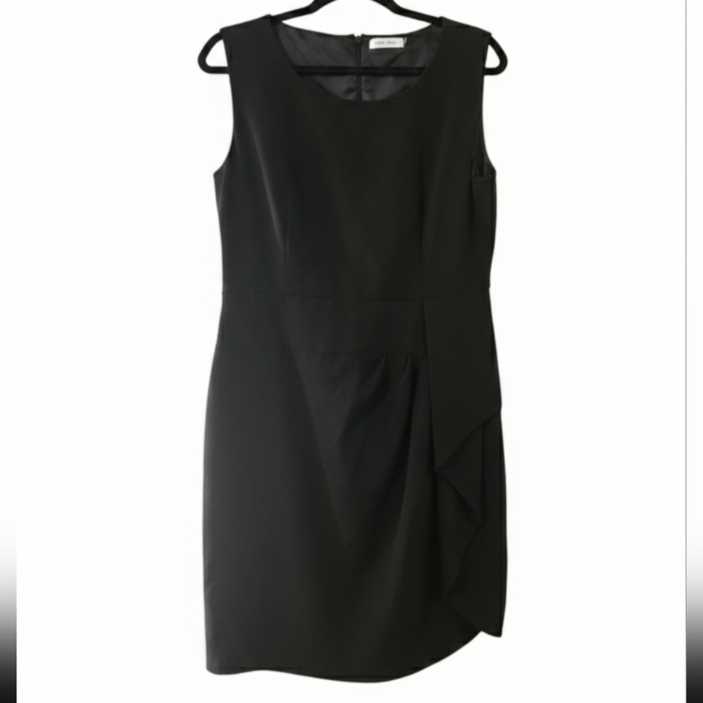 Calvin Klein Size 14 Black Sheath Dress Ruffle Side Career Cocktail